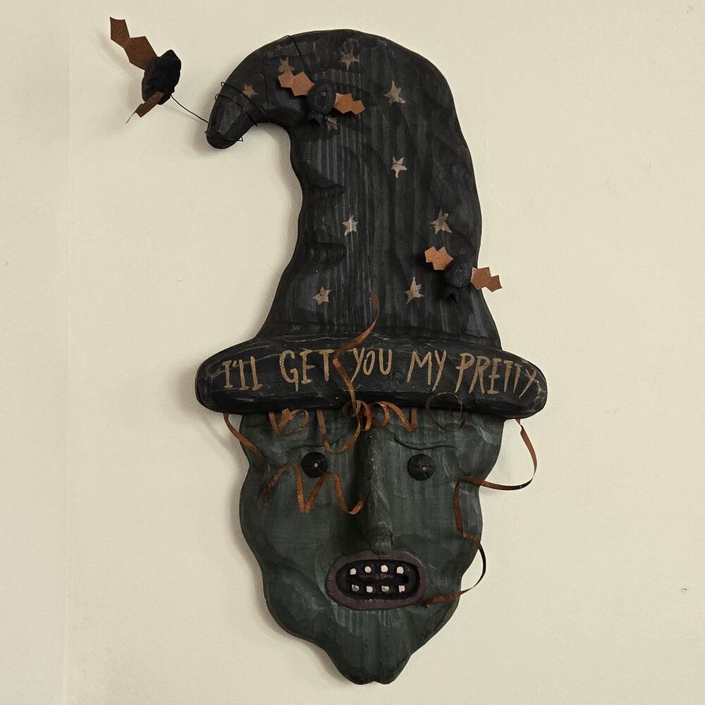 Witch "I'll get you my pretty" Wood Door Wall Decor Halloween Bats Black Green
